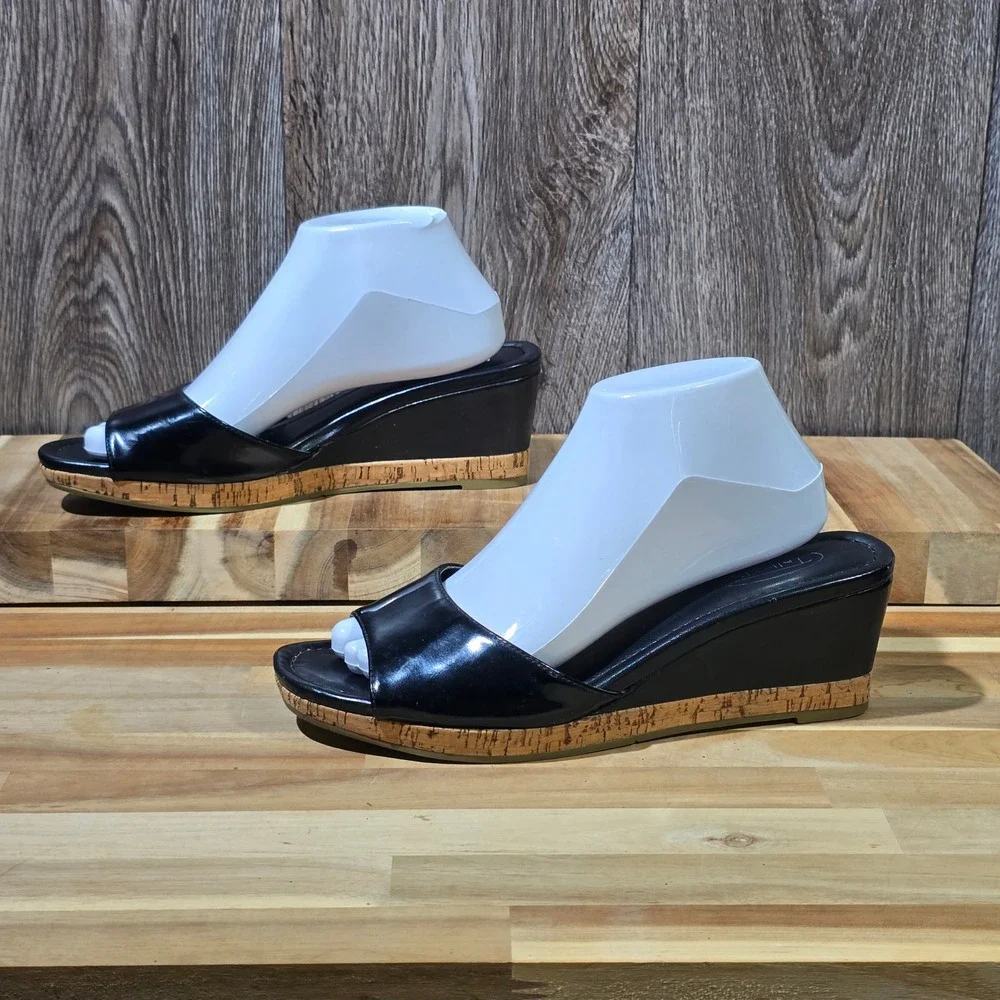 Talbots Black Leather Cork Wedge Sandals Open Toe Slide Shoes Women's 9.5B Black